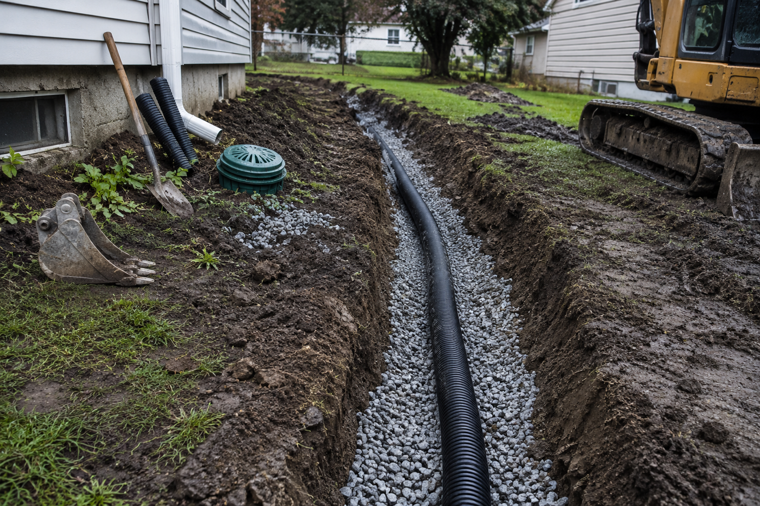 Representative residential drainage installation with perforated pipe in a stone-lined trench